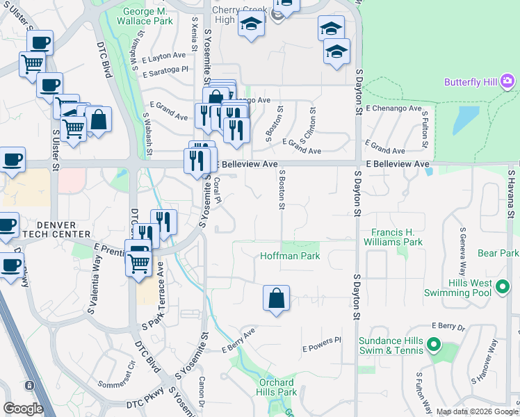 map of restaurants, bars, coffee shops, grocery stores, and more near 5200 South Beeler Court in Greenwood Village