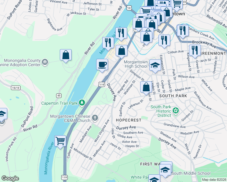 map of restaurants, bars, coffee shops, grocery stores, and more near 371 South High Street in Morgantown