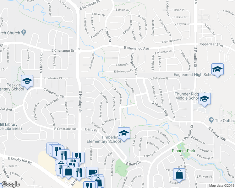 map of restaurants, bars, coffee shops, grocery stores, and more near 5225 South Jericho Way in Centennial