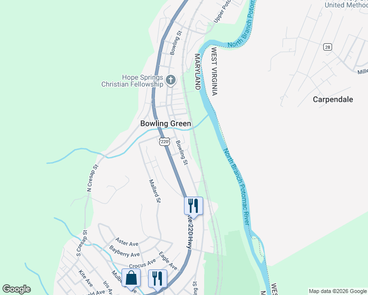 map of restaurants, bars, coffee shops, grocery stores, and more near 12702 Bowling Street in Cumberland