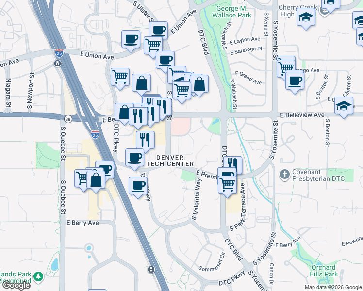 map of restaurants, bars, coffee shops, grocery stores, and more near in Greenwood Village