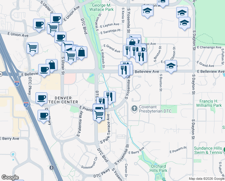 map of restaurants, bars, coffee shops, grocery stores, and more near 8899 East Prentice Avenue in Greenwood Village