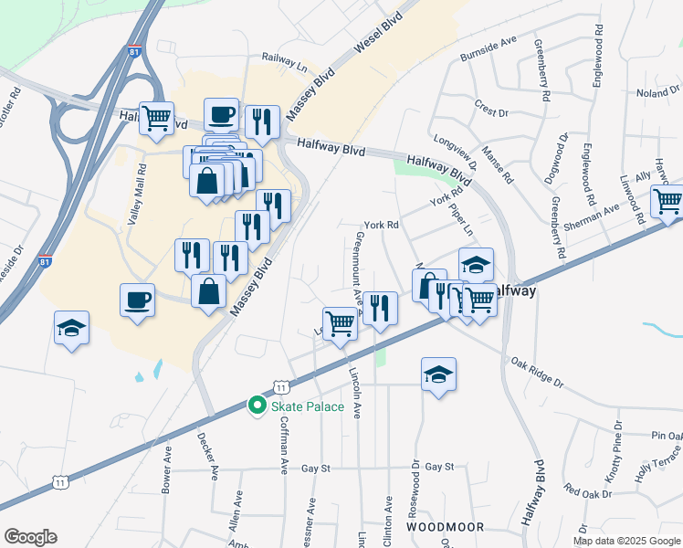 map of restaurants, bars, coffee shops, grocery stores, and more near 11217 Tanglewood Court in Hagerstown