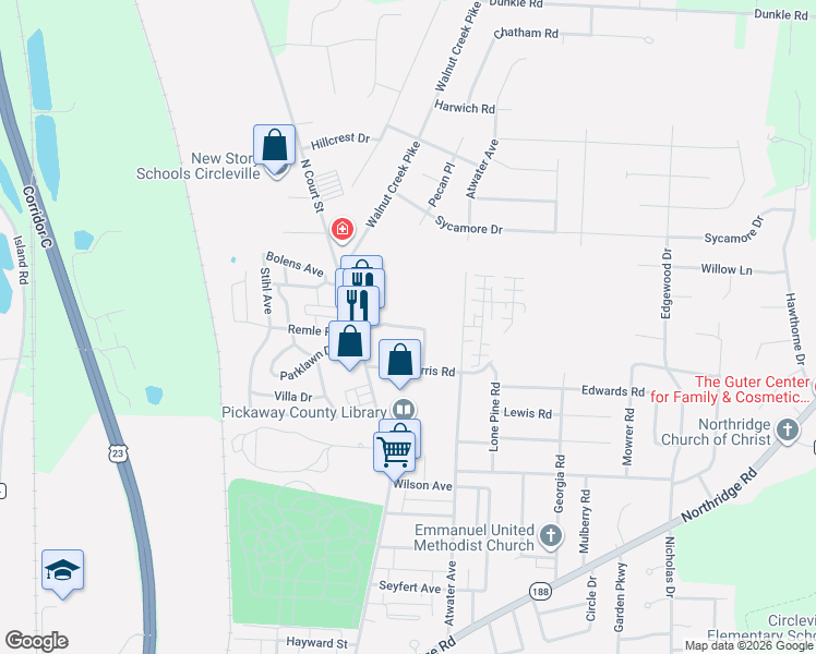 map of restaurants, bars, coffee shops, grocery stores, and more near 120 Morris Road in Circleville