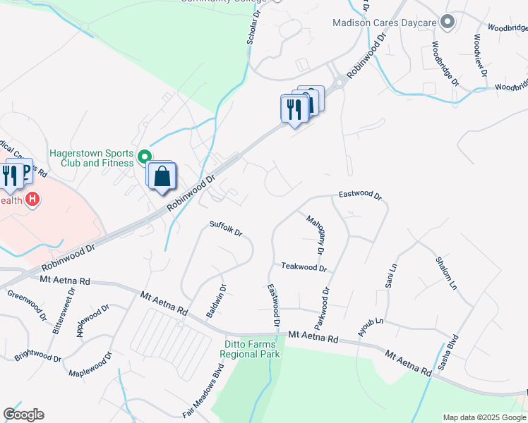 map of restaurants, bars, coffee shops, grocery stores, and more near Rosebank Way in Hagerstown