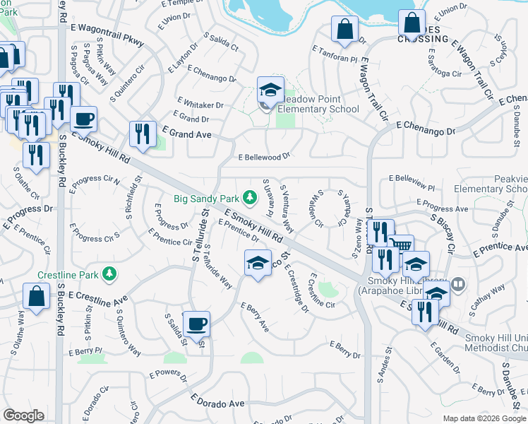map of restaurants, bars, coffee shops, grocery stores, and more near 5195 South Uravan Place in Centennial