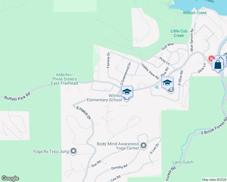 map of restaurants, bars, coffee shops, grocery stores, and more near 5129 South Greenwood Drive in Evergreen