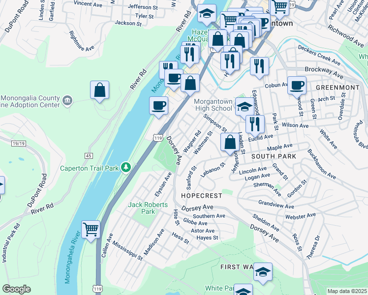 map of restaurants, bars, coffee shops, grocery stores, and more near 331 South High Street in Morgantown