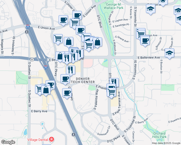 map of restaurants, bars, coffee shops, grocery stores, and more near 2 Promenade Place in Greenwood Village