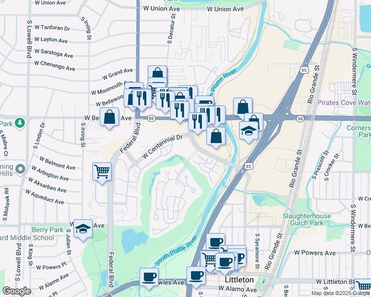 map of restaurants, bars, coffee shops, grocery stores, and more near 5225 South Prince Street in Littleton