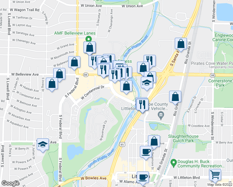 map of restaurants, bars, coffee shops, grocery stores, and more near S Prince St & Riverwalk Cir in Littleton