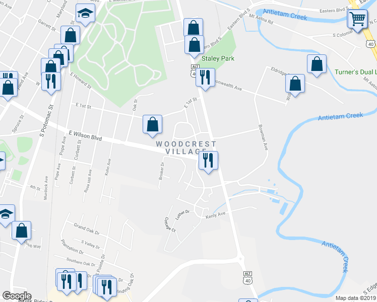 map of restaurants, bars, coffee shops, grocery stores, and more near 642 East Wilson Boulevard in Hagerstown