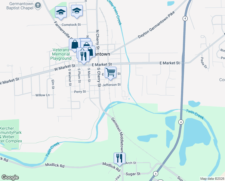 map of restaurants, bars, coffee shops, grocery stores, and more near 153 Jefferson Street in Germantown