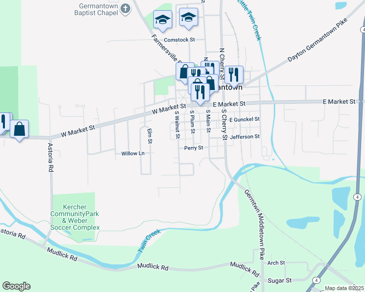 map of restaurants, bars, coffee shops, grocery stores, and more near 175 South Plum Street in Germantown