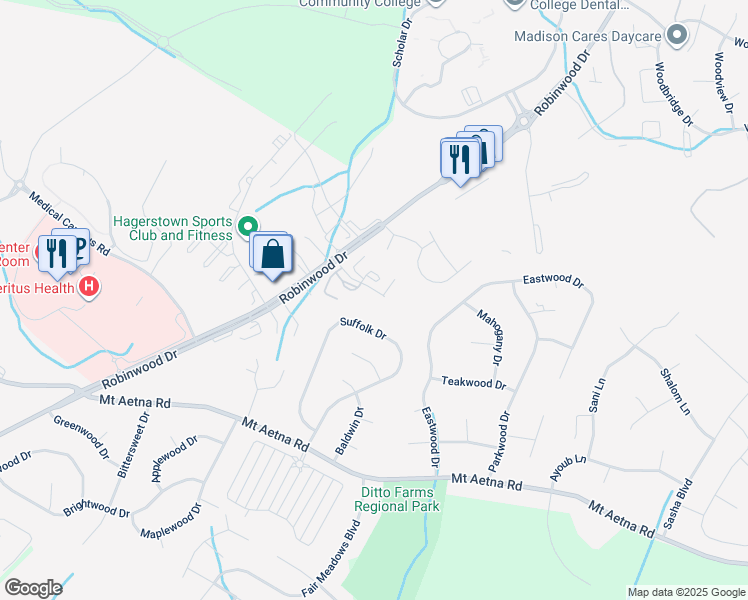 map of restaurants, bars, coffee shops, grocery stores, and more near 20025 Rosebank Way in Hagerstown
