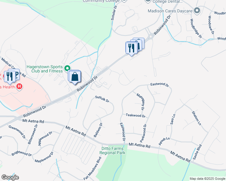 map of restaurants, bars, coffee shops, grocery stores, and more near 20036 Rosebank Way in Hagerstown