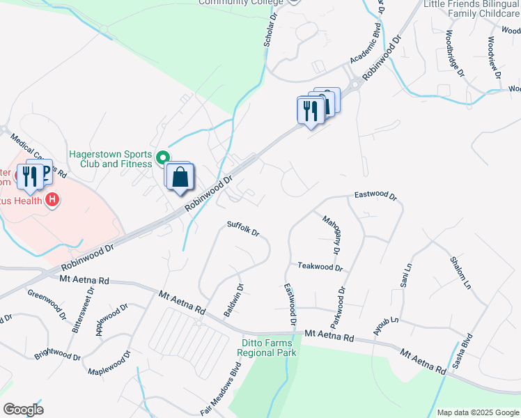 map of restaurants, bars, coffee shops, grocery stores, and more near Rosebank Way in Hagerstown