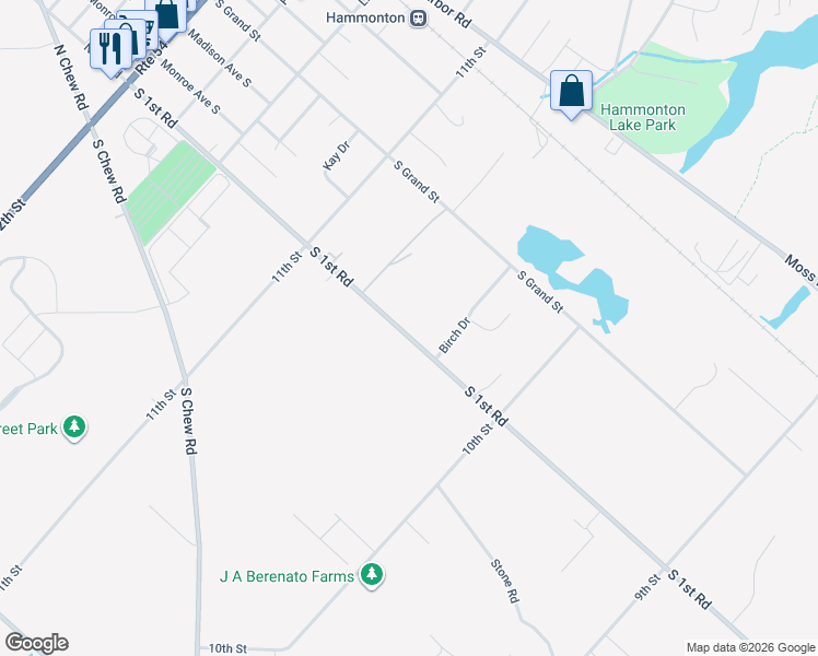 map of restaurants, bars, coffee shops, grocery stores, and more near 397 South 1st Road in Hammonton