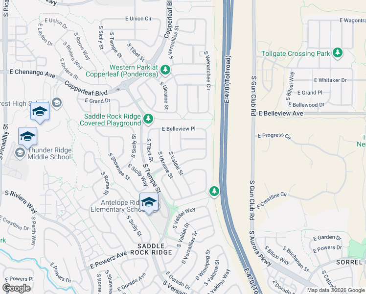 map of restaurants, bars, coffee shops, grocery stores, and more near 22804 East Belleview Lane in Aurora