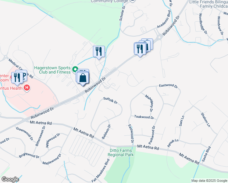 map of restaurants, bars, coffee shops, grocery stores, and more near 20025 Rosebank Way in Hagerstown