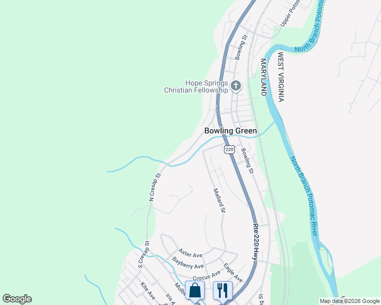 map of restaurants, bars, coffee shops, grocery stores, and more near 12622 North Cresap Street in Cumberland