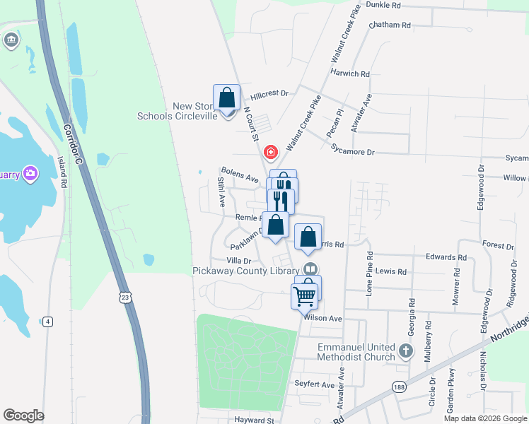 map of restaurants, bars, coffee shops, grocery stores, and more near 1270 North Court Street in Circleville