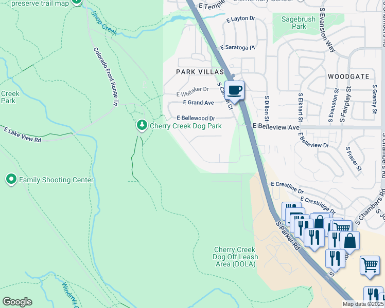map of restaurants, bars, coffee shops, grocery stores, and more near 13930 East Progress Way in Aurora