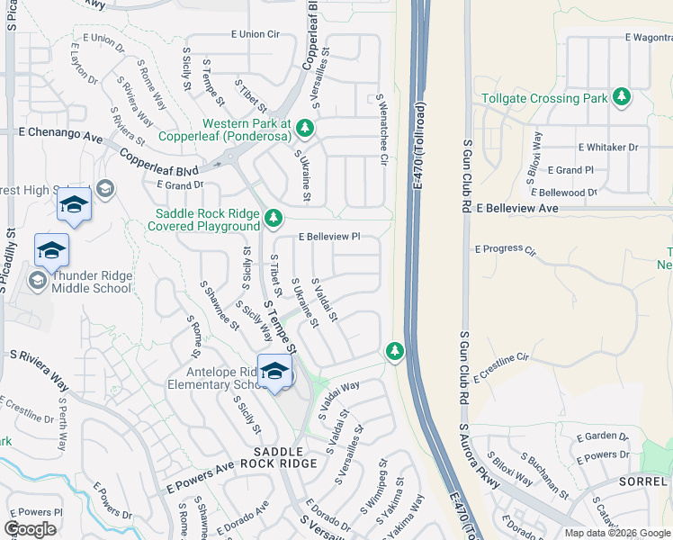 map of restaurants, bars, coffee shops, grocery stores, and more near 22804 East Belleview Lane in Aurora