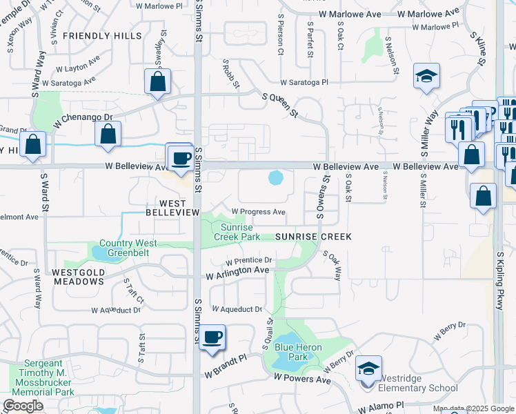map of restaurants, bars, coffee shops, grocery stores, and more near 11307 West Progress Avenue in Littleton