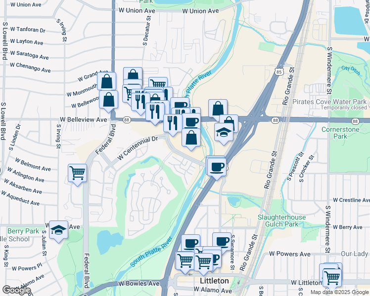 map of restaurants, bars, coffee shops, grocery stores, and more near 2650 West Belleview Avenue in Littleton