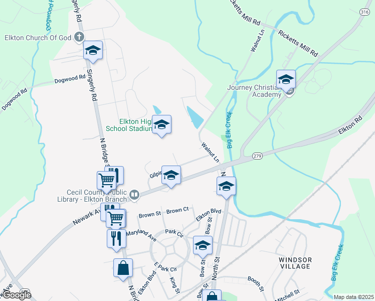 map of restaurants, bars, coffee shops, grocery stores, and more near 105 Gilpin Avenue in Elkton