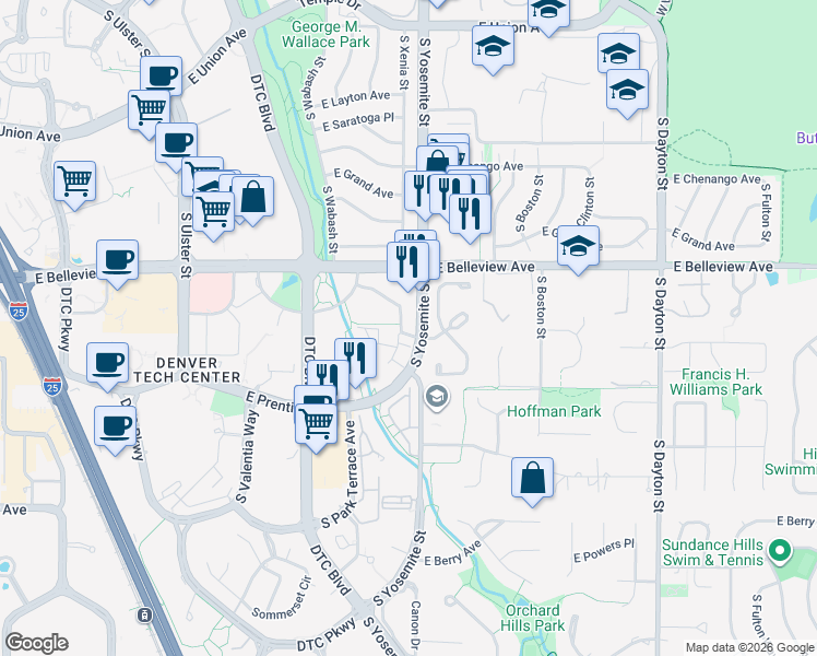 map of restaurants, bars, coffee shops, grocery stores, and more near 5201 South Yosemite Street in Greenwood Village
