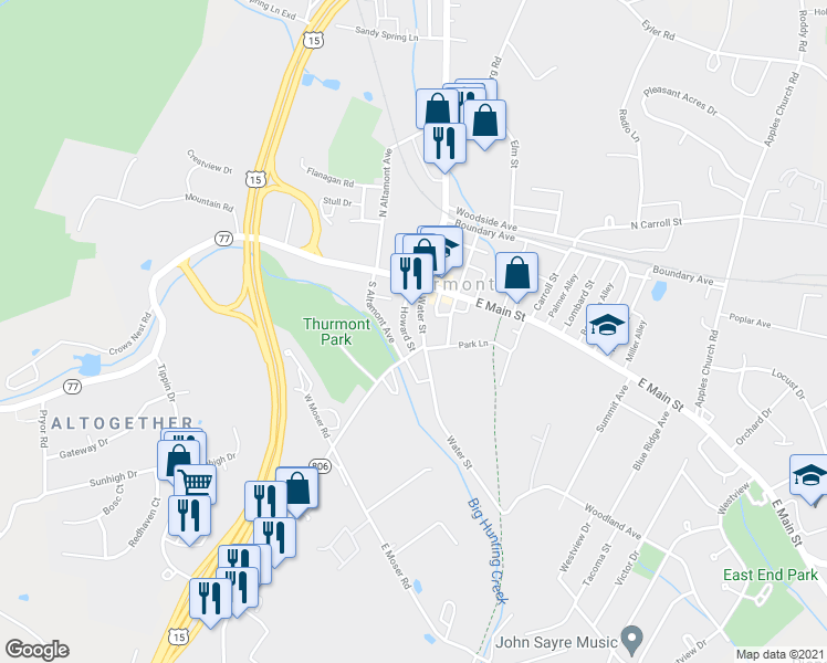 map of restaurants, bars, coffee shops, grocery stores, and more near 31 Water Street in Thurmont