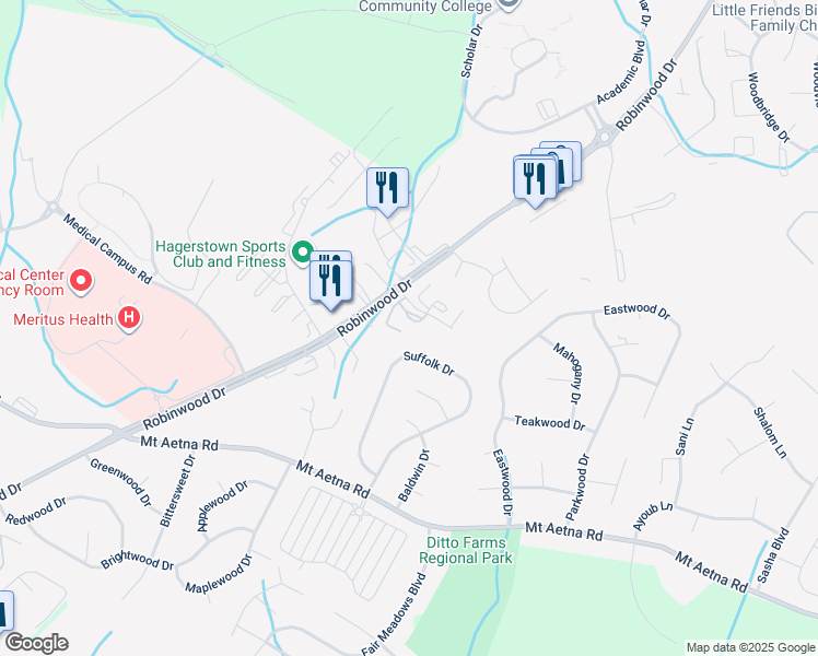 map of restaurants, bars, coffee shops, grocery stores, and more near 20009 Rosebank Way in Hagerstown