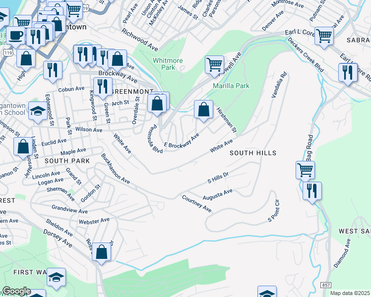 map of restaurants, bars, coffee shops, grocery stores, and more near 522 East Brockway Avenue in Morgantown
