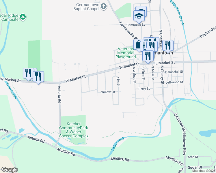 map of restaurants, bars, coffee shops, grocery stores, and more near 59 South Maple Street in Germantown