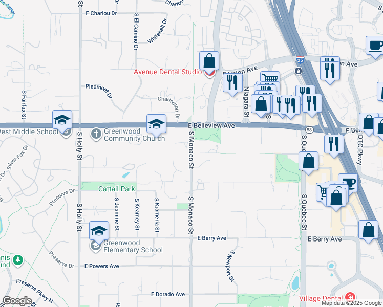 map of restaurants, bars, coffee shops, grocery stores, and more near 7088 East Progress Avenue in Greenwood Village