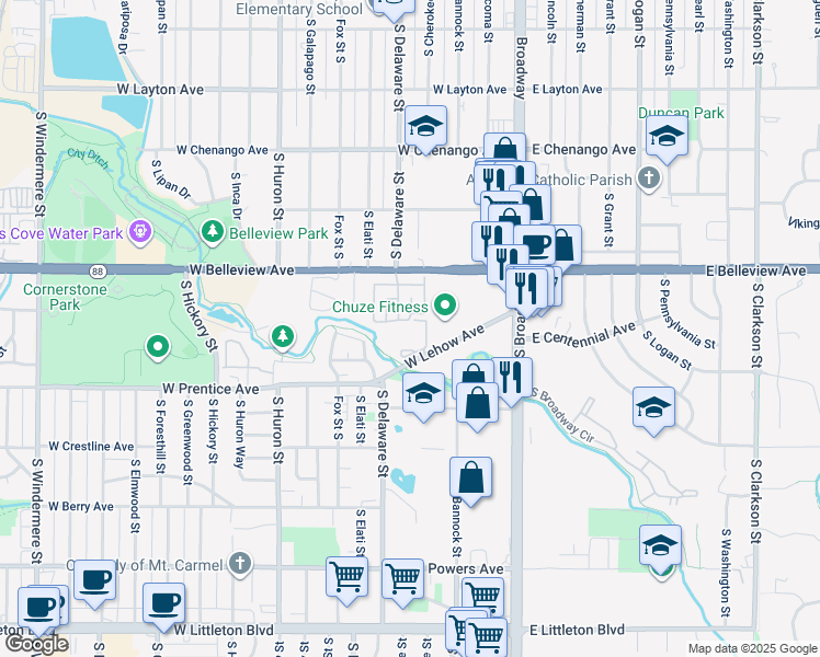 map of restaurants, bars, coffee shops, grocery stores, and more near 343 West Lehow Avenue in Englewood