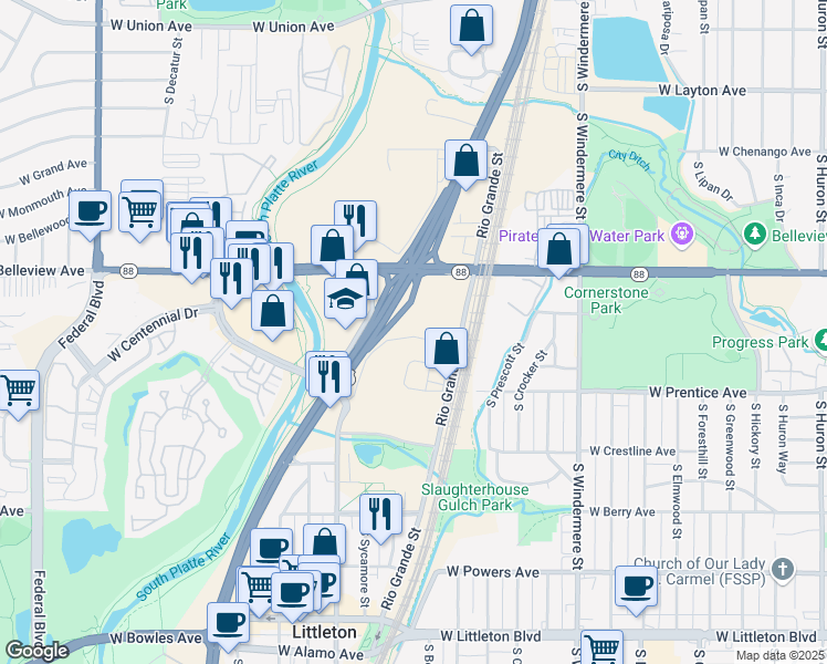 map of restaurants, bars, coffee shops, grocery stores, and more near 5101 South Rio Grande Street in Littleton