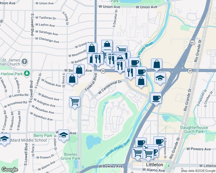 map of restaurants, bars, coffee shops, grocery stores, and more near 3000 West Belleview Avenue in Littleton