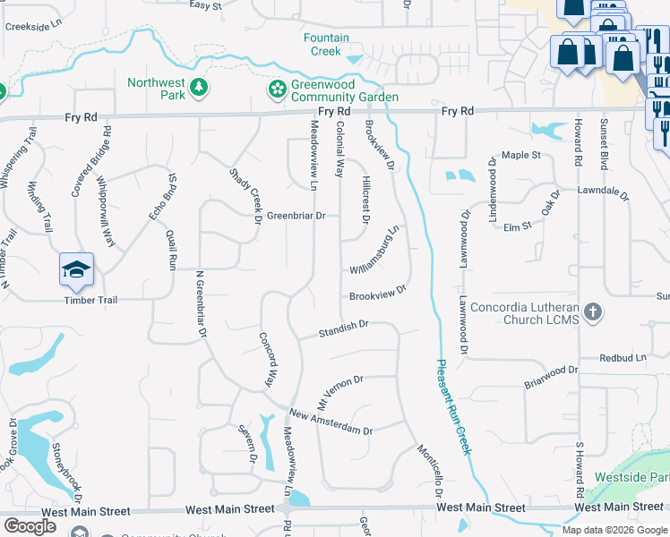 map of restaurants, bars, coffee shops, grocery stores, and more near 545 Meadowview Lane in Greenwood