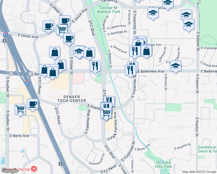 map of restaurants, bars, coffee shops, grocery stores, and more near 8400 East Crescent Parkway in Greenwood Village