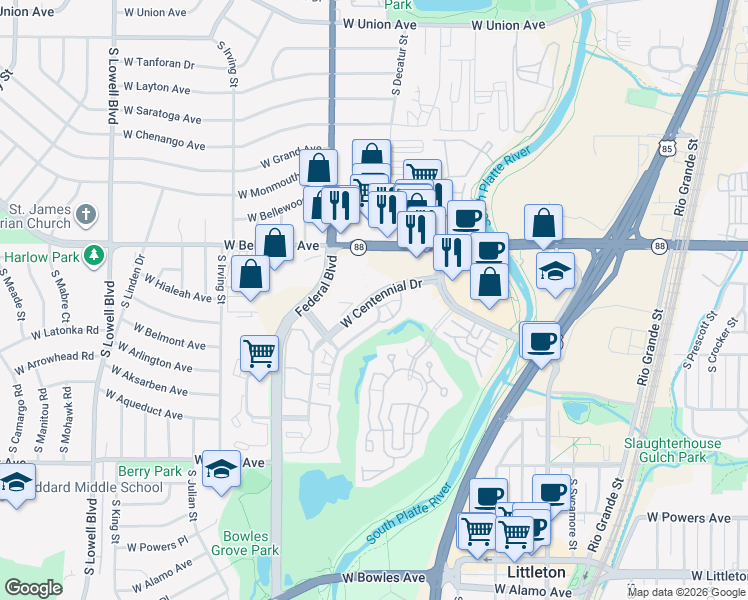 map of restaurants, bars, coffee shops, grocery stores, and more near 3000 West Belleview Avenue in Littleton