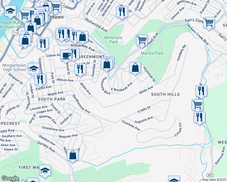 map of restaurants, bars, coffee shops, grocery stores, and more near 500 East Brockway Avenue in Morgantown