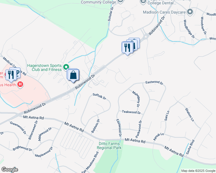 map of restaurants, bars, coffee shops, grocery stores, and more near 20032 Rosebank Way in Hagerstown