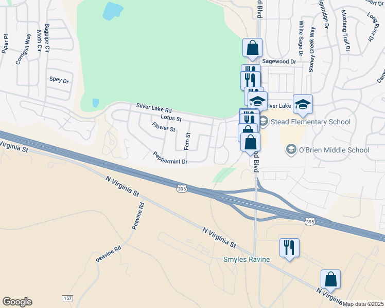 map of restaurants, bars, coffee shops, grocery stores, and more near 6650 Flower Street in Reno