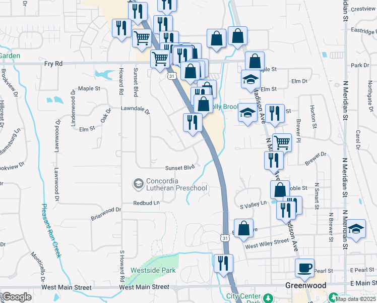 map of restaurants, bars, coffee shops, grocery stores, and more near 282 Meadow Drive in Greenwood