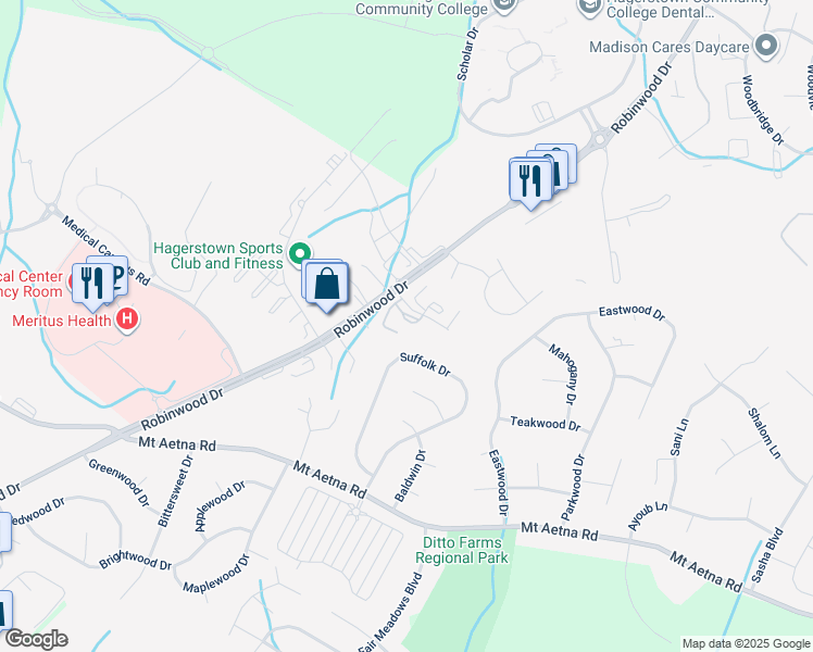 map of restaurants, bars, coffee shops, grocery stores, and more near 20009 Rosebank Way in Hagerstown