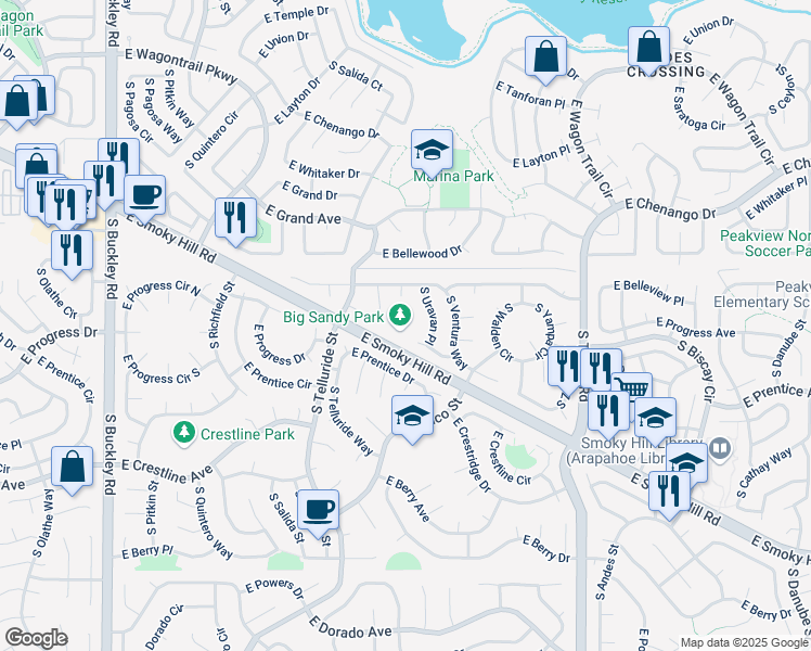 map of restaurants, bars, coffee shops, grocery stores, and more near 17903 E Progress Pl in Centennial