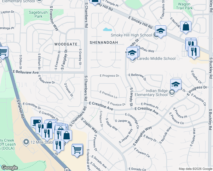 map of restaurants, bars, coffee shops, grocery stores, and more near 15634 East Progress Circle in Centennial